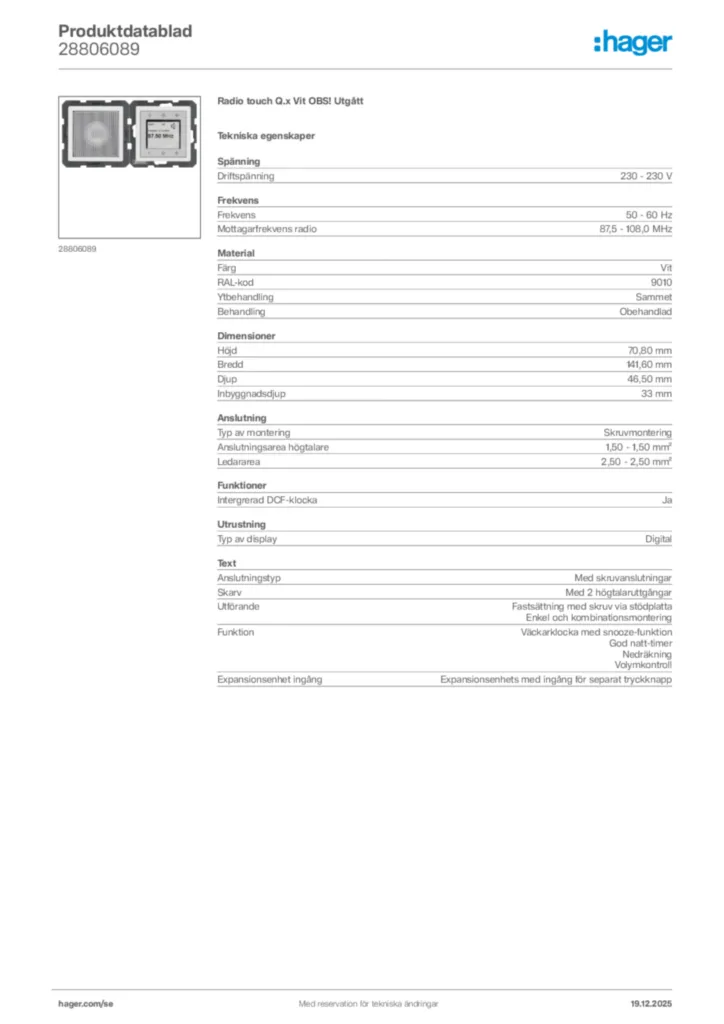 Bild Hager Produktdatablad 28806089 | Hager Sverige