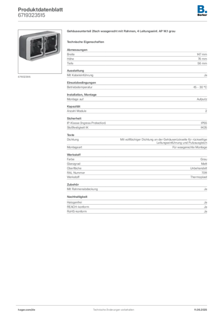 Bild Berker Produktdatenblatt 6719323515 | Hager Deutschland