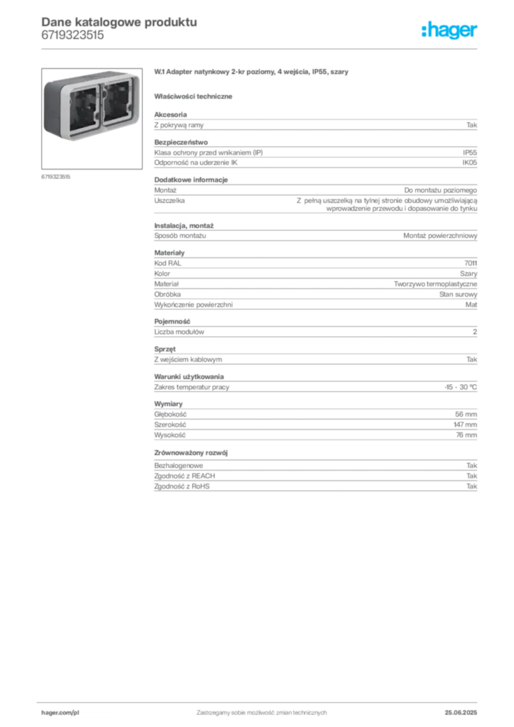 Zdjęcie Hager Karta katalogowa 6719323515 | Hager Polska