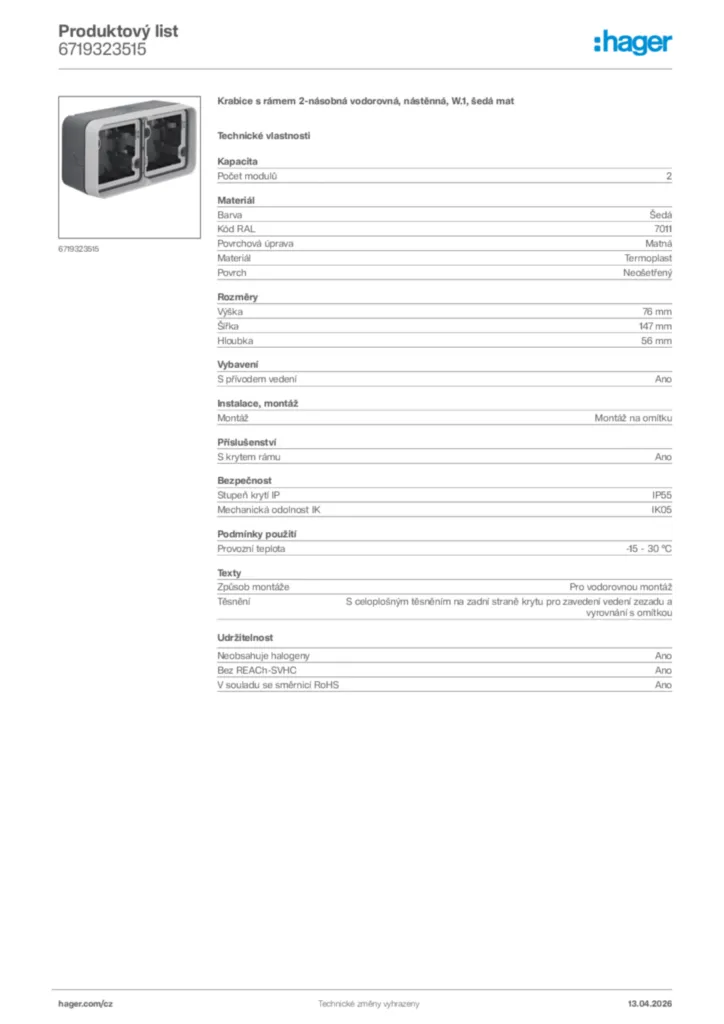 Obrázek Hager Product data sheet 6719323515 | Hager