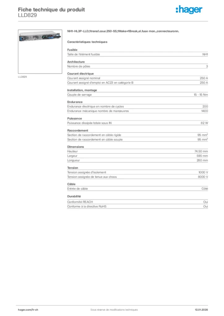 Image Hager Fiche technique du produit LLD829 | Hager Suisse