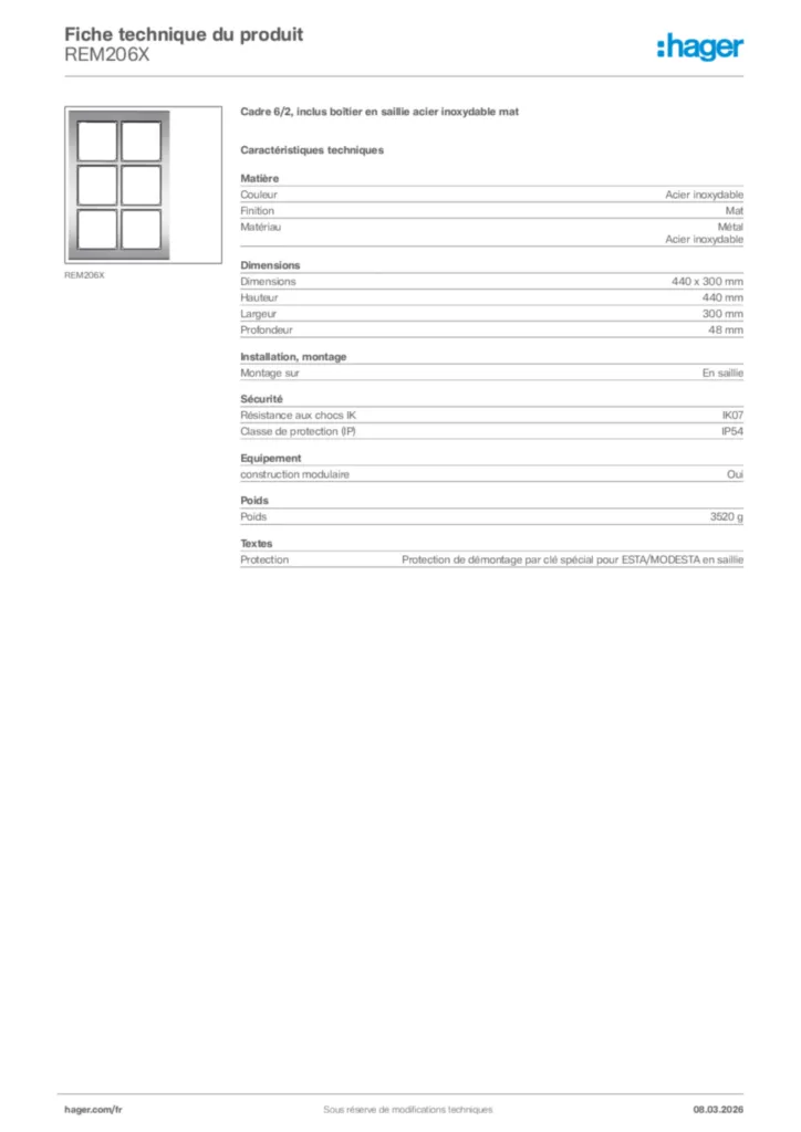 Image Hager Fiche technique du produit REM206X | Hager France
