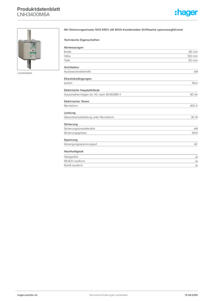 Bild Hager Produktdatenblatt LNH3400M6A | Hager Schweiz