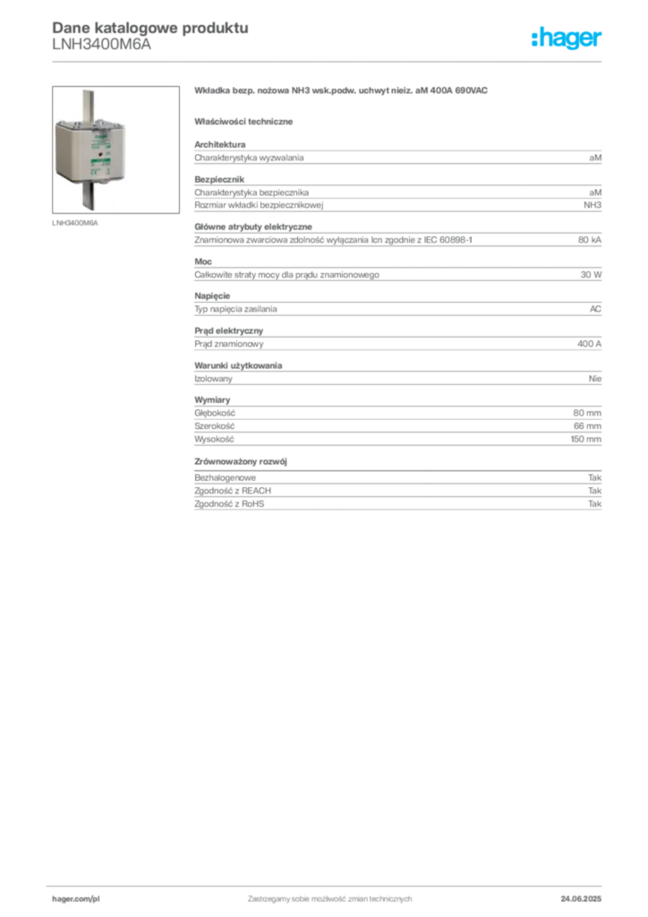 Zdjęcie Hager Karta katalogowa LNH3400M6A | Hager Polska