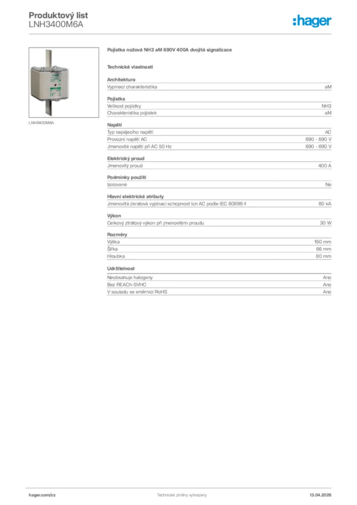 Obrázek Hager Product data sheet LNH3400M6A | Hager