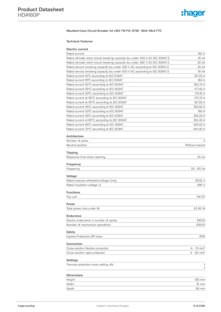 Image Hager Product data sheet HDA160P  | Hager