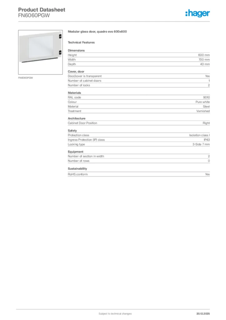 Image Hager Product data sheet FN6060PGW  | Hager Africa