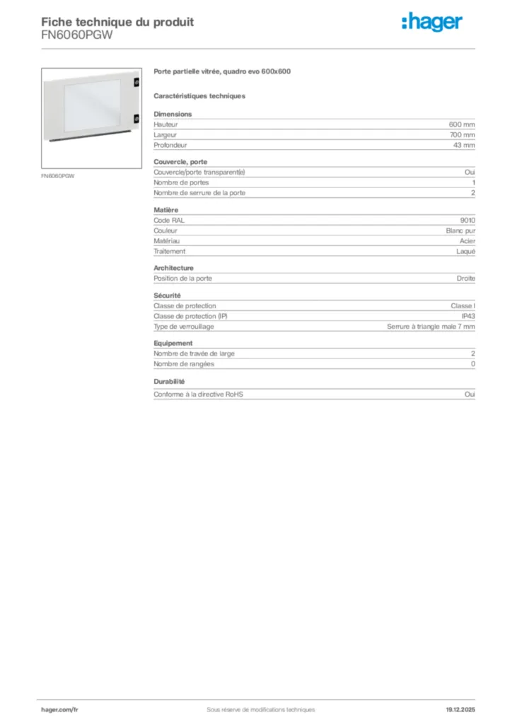 Image Hager Fiche technique du produit FN6060PGW | Hager France