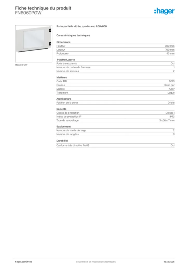 Image Hager Fiche technique du produit FN6060PGW | Hager Belgique