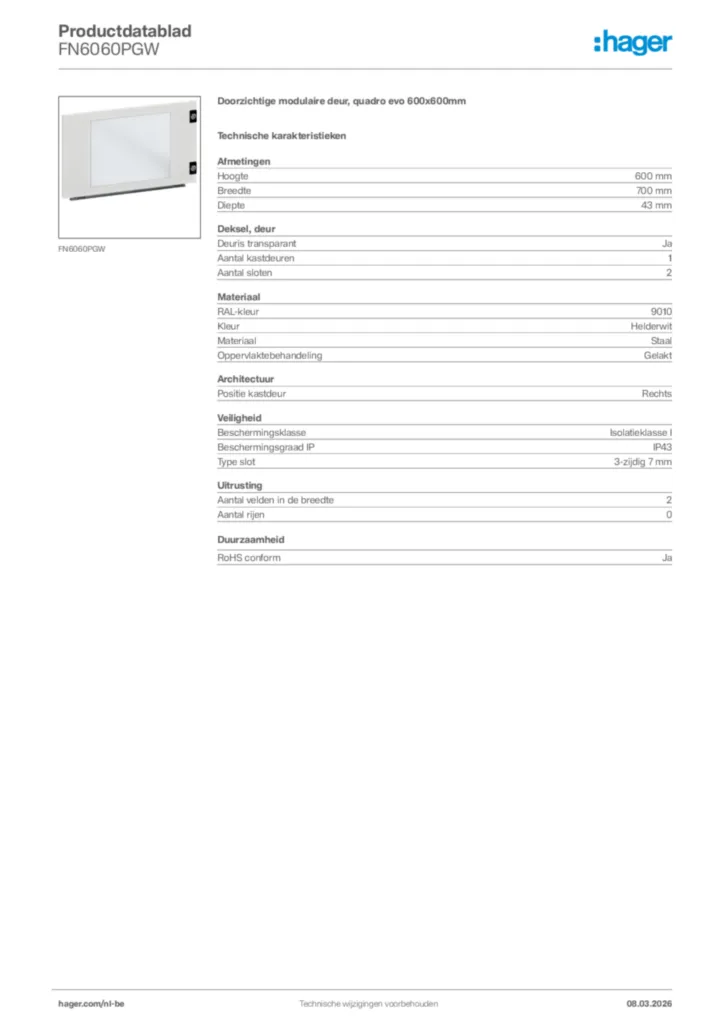 Afbeelding Hager Productdatablad FN6060PGW | Hager Belgium