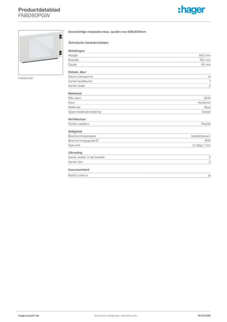 Afbeelding Hager Productdatablad FN6060PGW | Hager Belgium