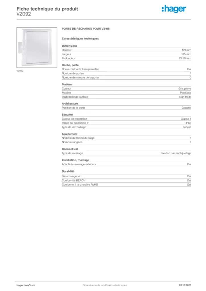 Image Hager Fiche technique du produit VZ092 | Hager Suisse