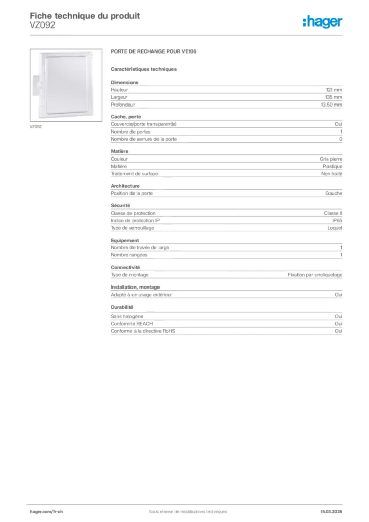 Image Hager Fiche technique du produit VZ092 | Hager Suisse