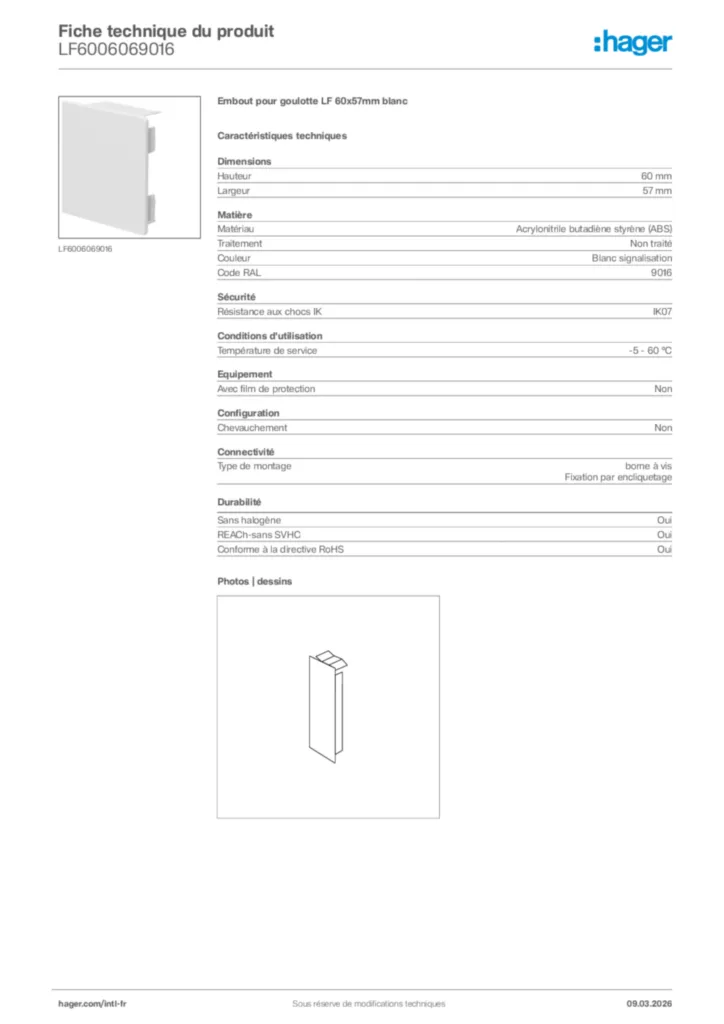 Image Hager Fiche technique du produit LF6006069016 | Hager Afrique