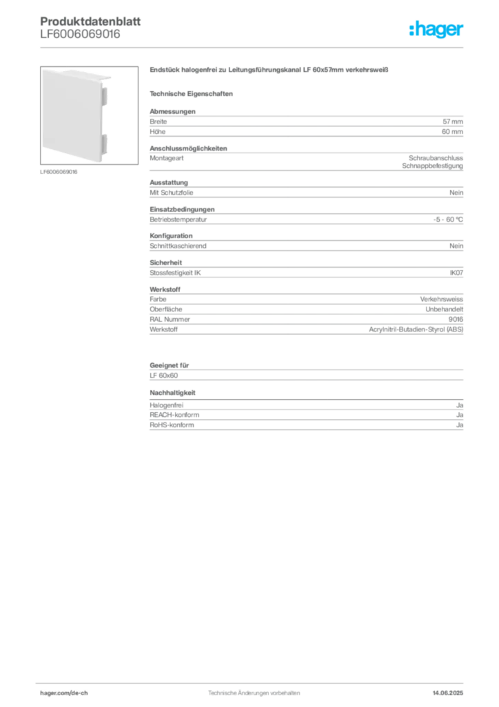 Bild Hager Produktdatenblatt LF6006069016 | Hager Schweiz