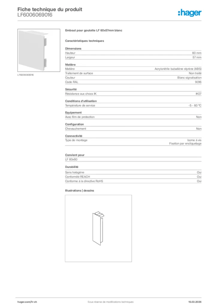 Image Hager Fiche technique du produit LF6006069016 | Hager Suisse