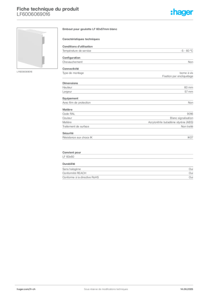 Image Hager Fiche technique du produit LF6006069016 | Hager Suisse