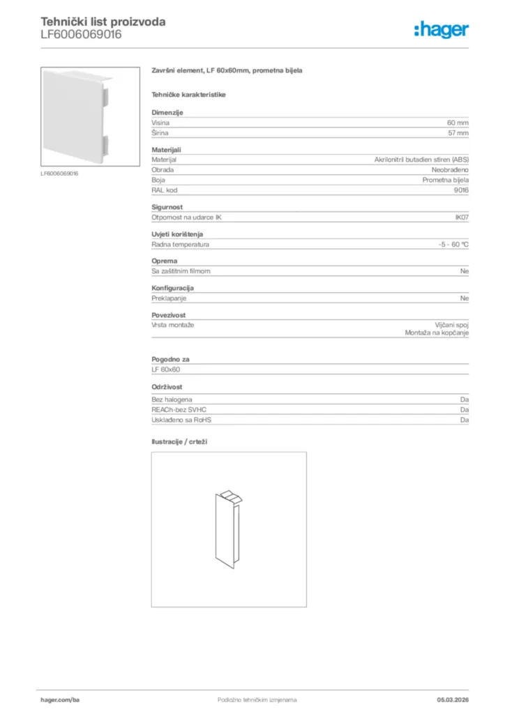 Slika Hager Tehnički list proizvoda LF6006069016  | Hager