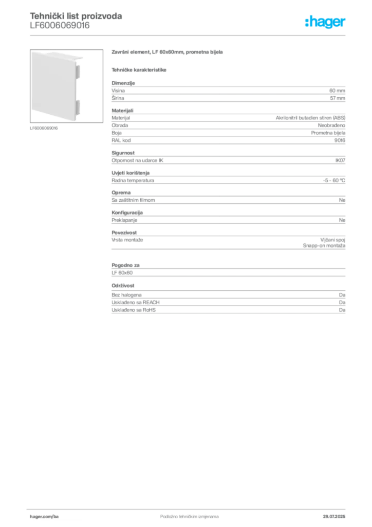 Slika Hager Product data sheet LF6006069016  | Hager