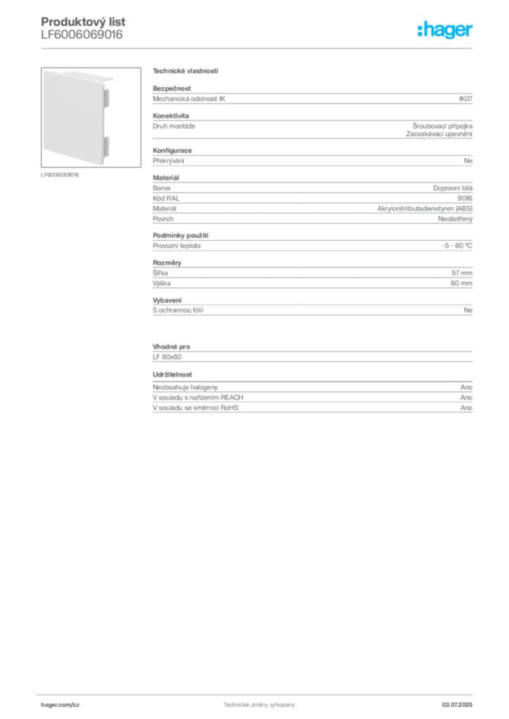 Obrázek Hager Produktový list LF6006069016 | Hager