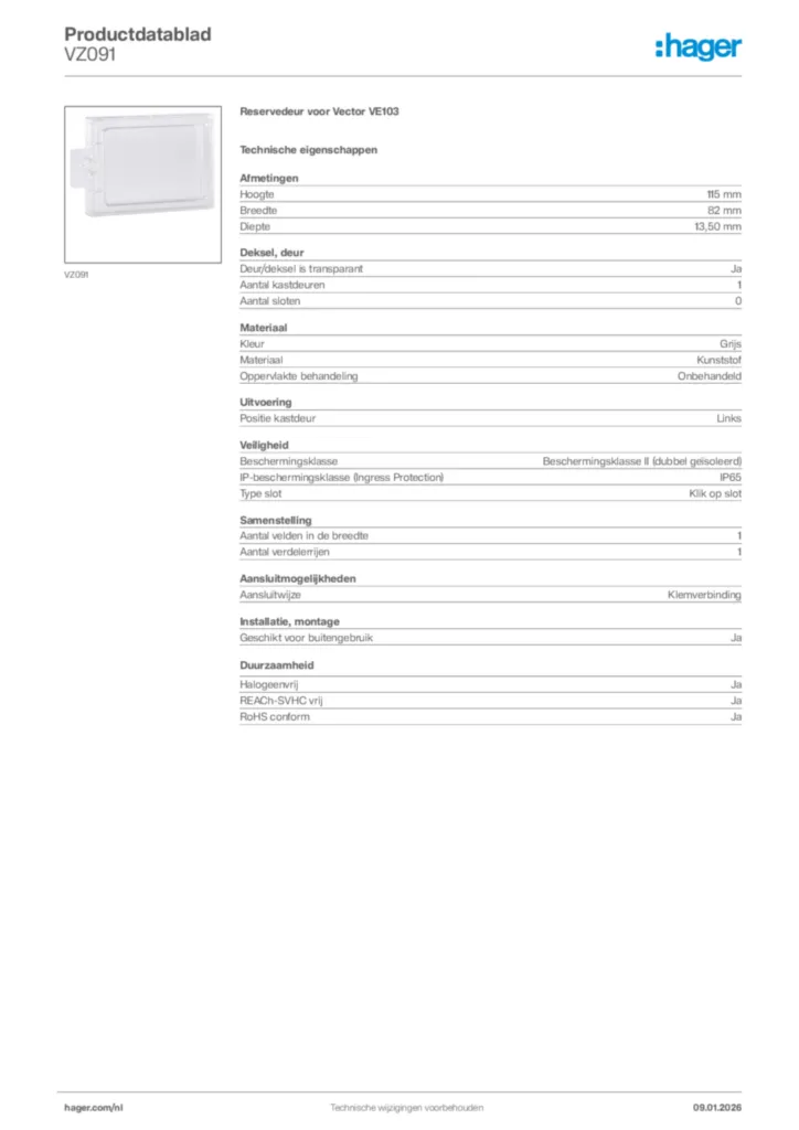 Afbeelding Hager Productdatablad VZ091 | Hager Nederland