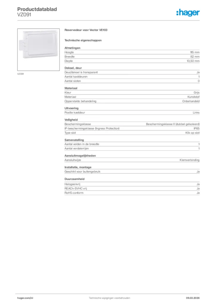Afbeelding Hager Productdatablad VZ091 | Hager Nederland