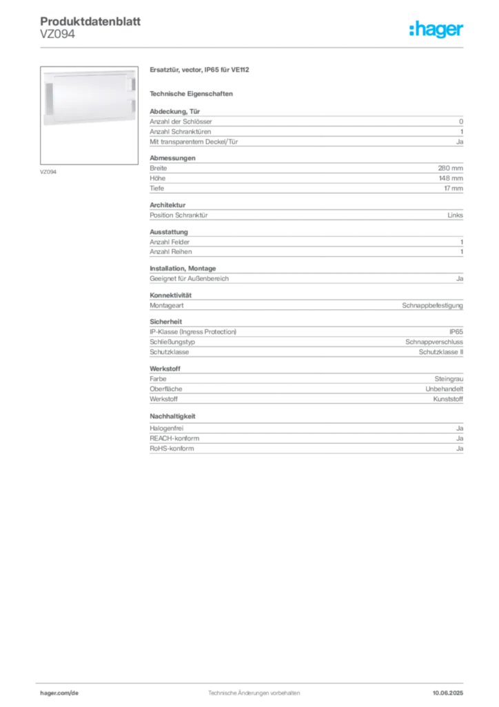 Hager Produktdatenblatt VZ094