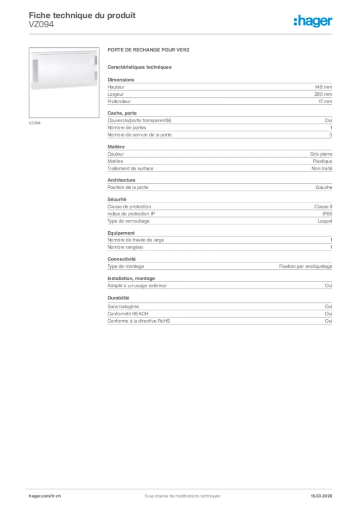 Image Hager Fiche technique du produit VZ094 | Hager Suisse