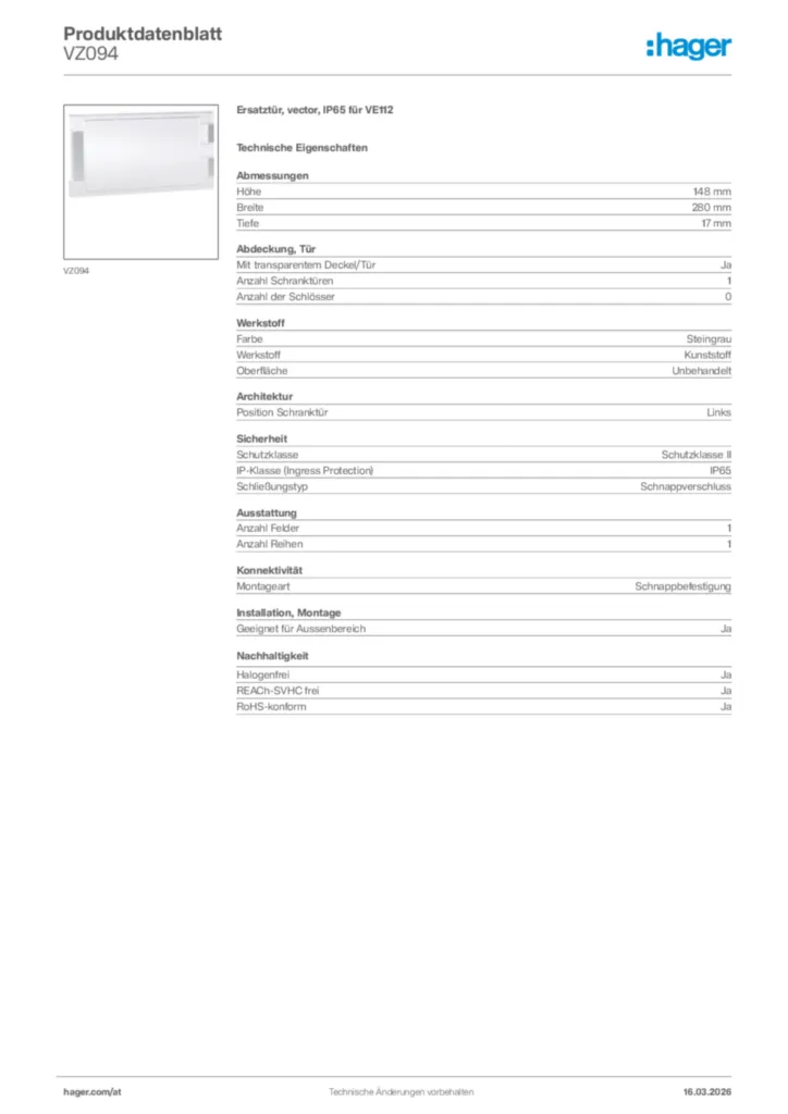 Bild Hager Produktdatenblatt VZ094 | Hager Deutschland