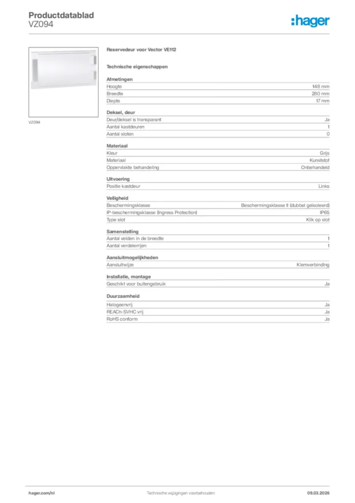 Afbeelding Hager Productdatablad VZ094 | Hager Nederland