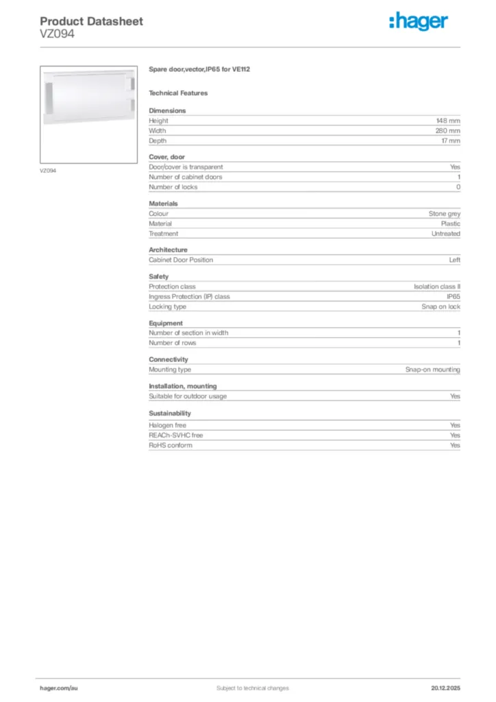 Image Hager Product data sheet VZ094  | Hager Australia
