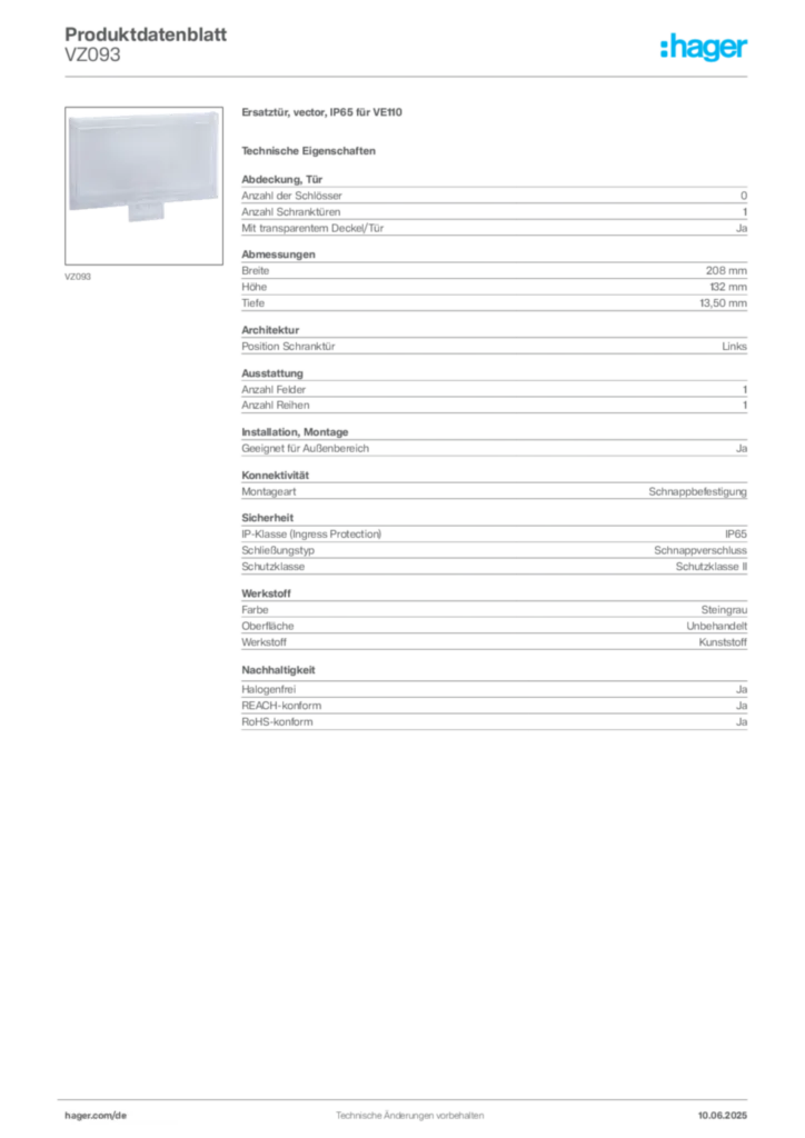 Hager Produktdatenblatt VZ093