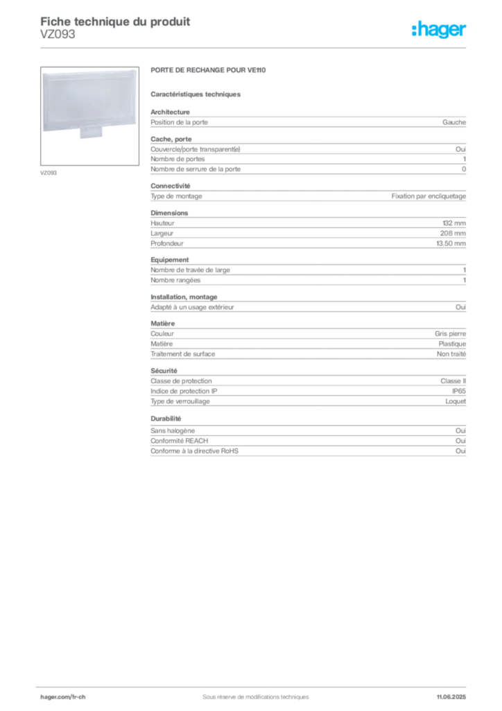 Image Hager Fiche technique du produit VZ093 | Hager Suisse