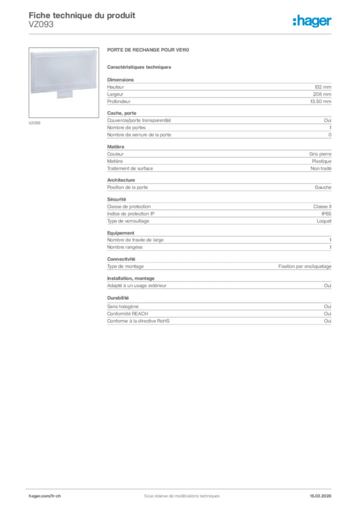 Image Hager Fiche technique du produit VZ093 | Hager Suisse