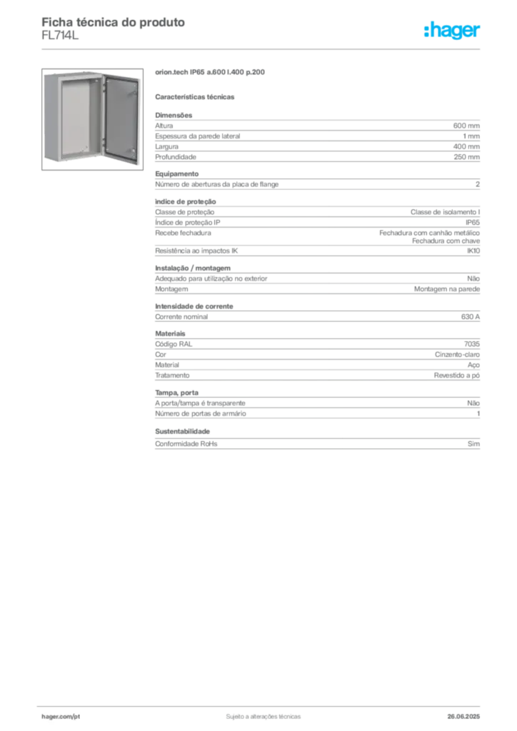 Imagem Hager Ficha técnica do produto FL714L | Hager Portugal