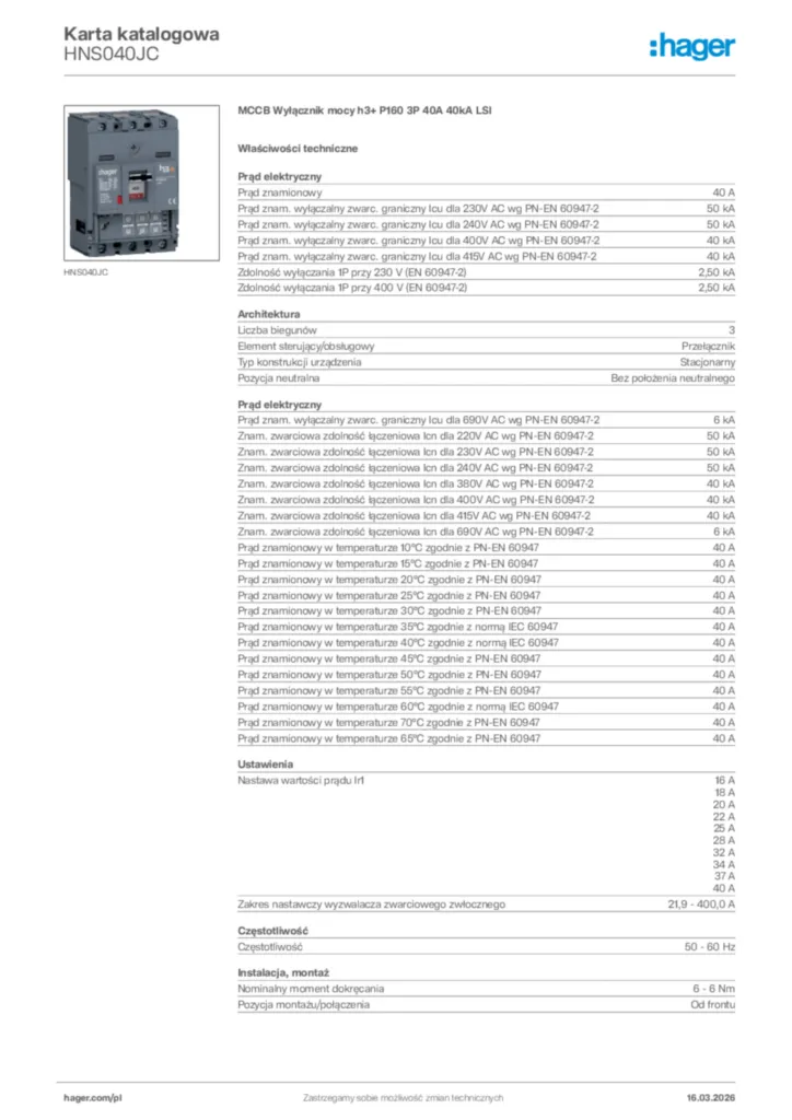 Zdjęcie Hager Karta katalogowa HNS040JC | Hager Polska