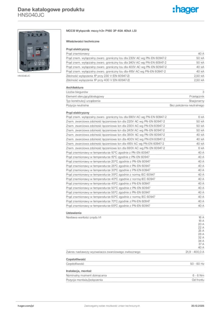 Zdjęcie Hager Karta katalogowa HNS040JC | Hager Polska