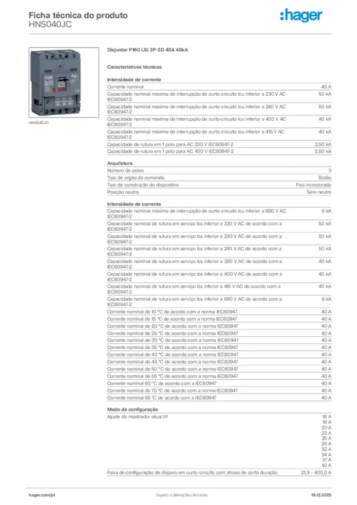 Imagem Hager Ficha técnica do produto HNS040JC | Hager Portugal