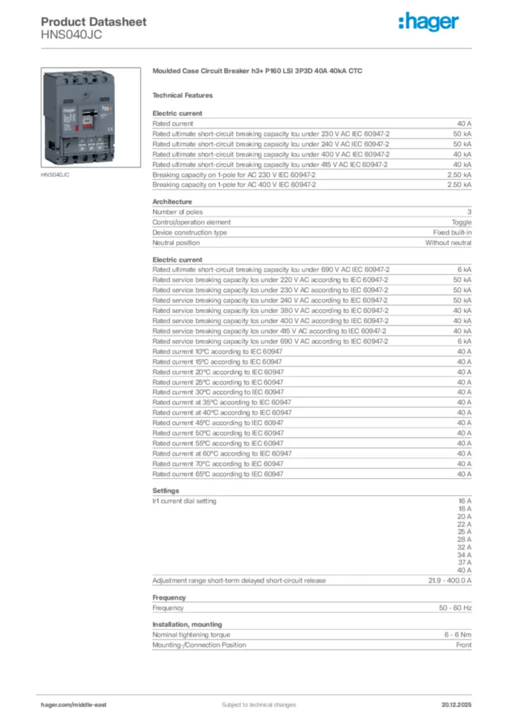 Image Hager Product data sheet HNS040JC  | Hager
