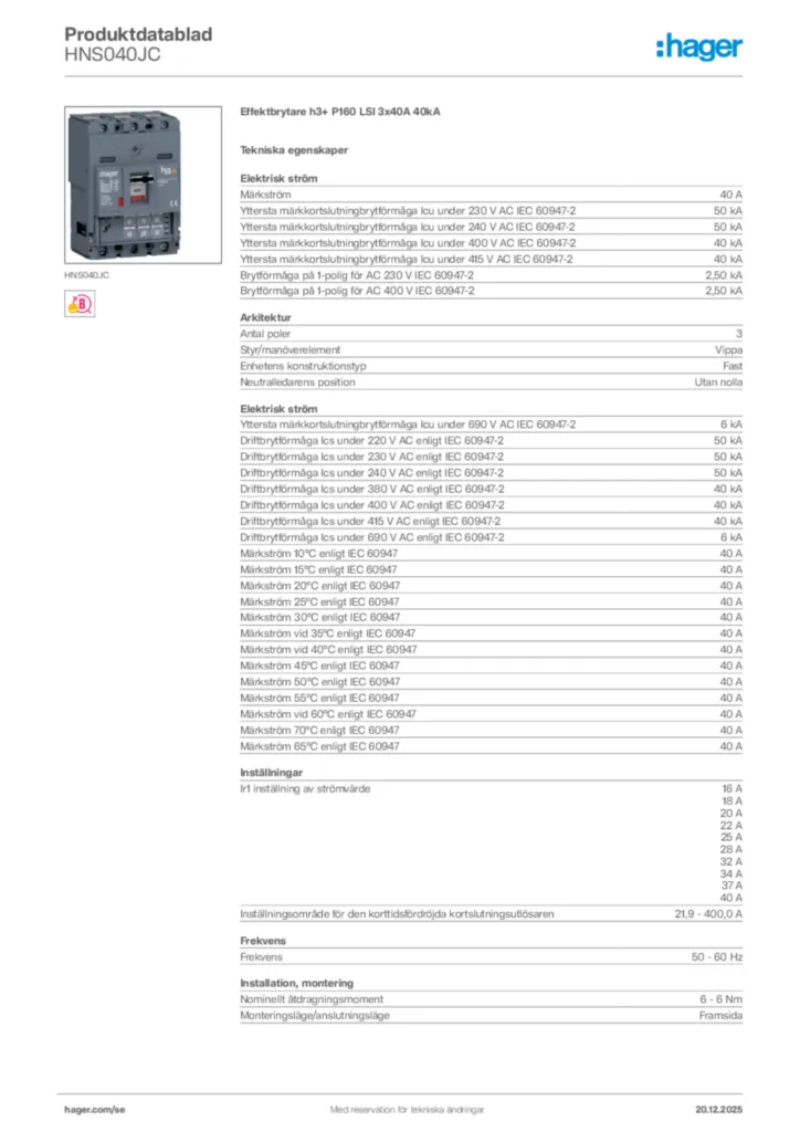 Bild Hager Produktdatablad HNS040JC | Hager Sverige