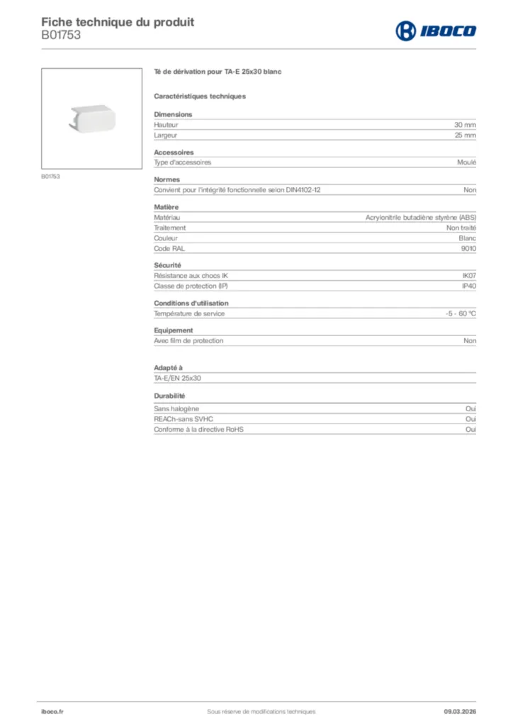 Image Iboco Fiche technique du produit B01753 | Hager France