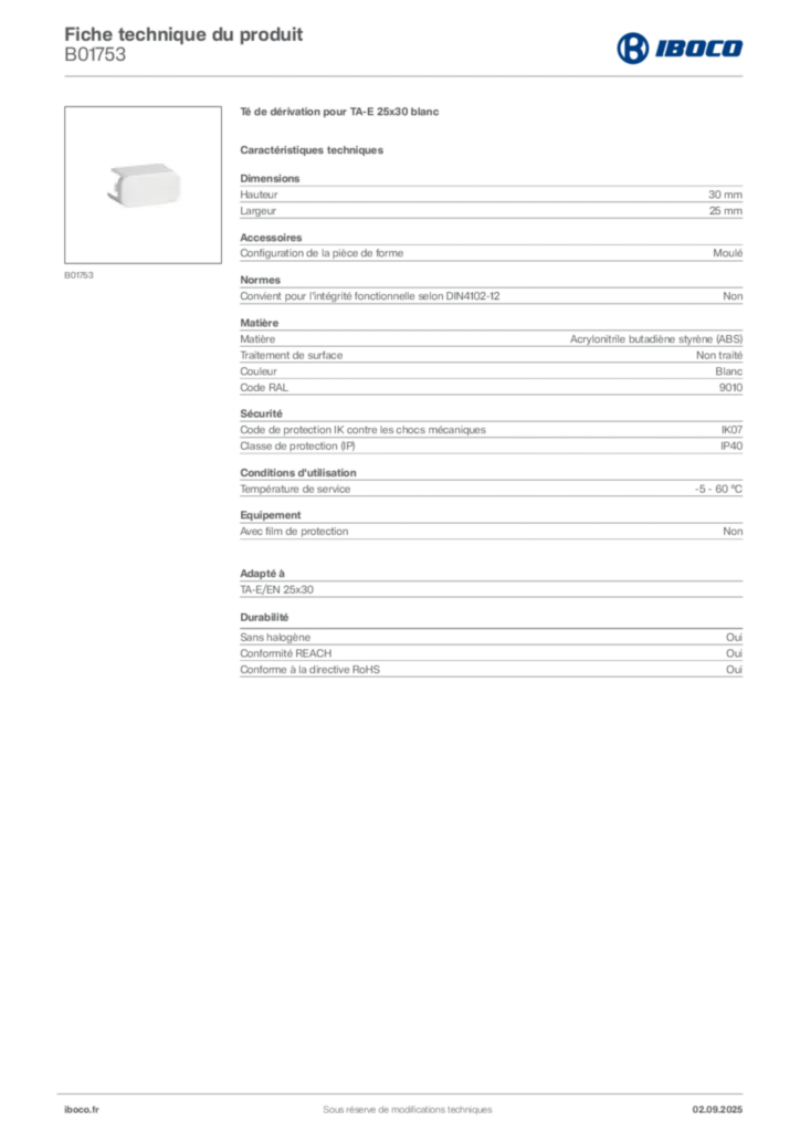 Image Iboco Fiche technique du produit B01753 | Hager France