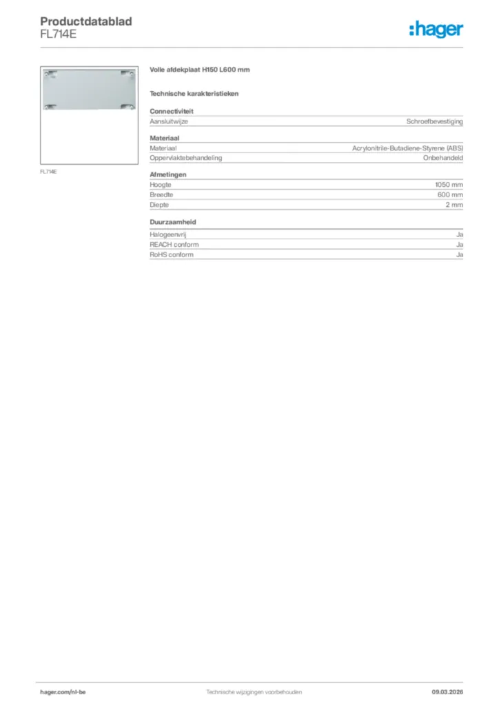 Afbeelding Hager Productdatablad FL714E | Hager Belgium