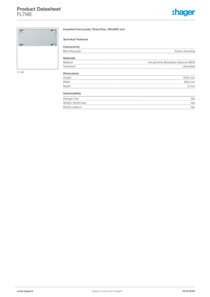 Image Hager Product data sheet FL714E  | Hager