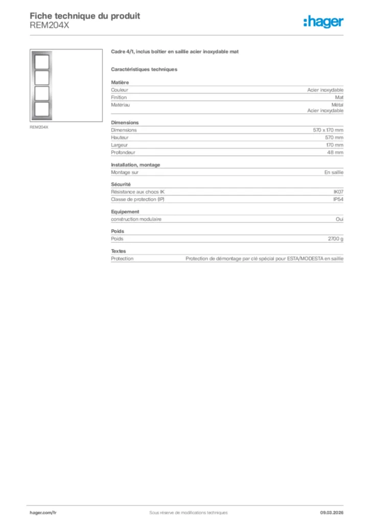 Image Hager Fiche technique du produit REM204X | Hager France