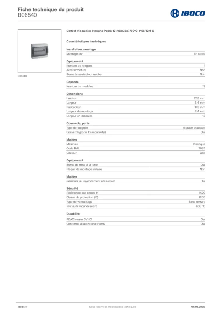 Image Iboco Fiche technique du produit B06540 | Hager France