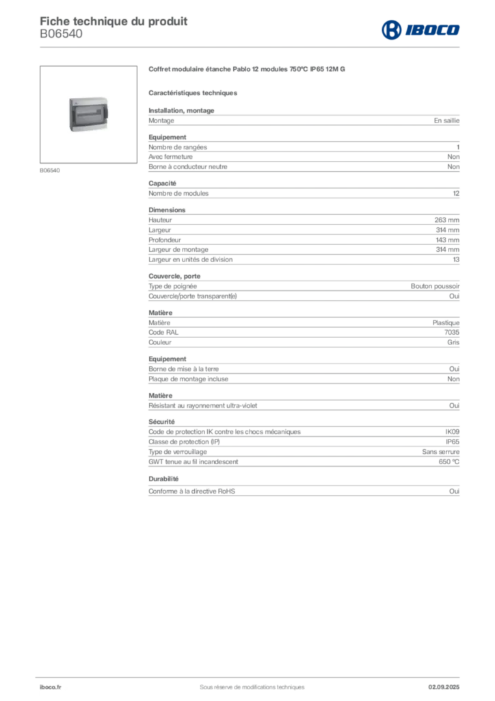 Image Iboco Fiche technique du produit B06540 | Hager France