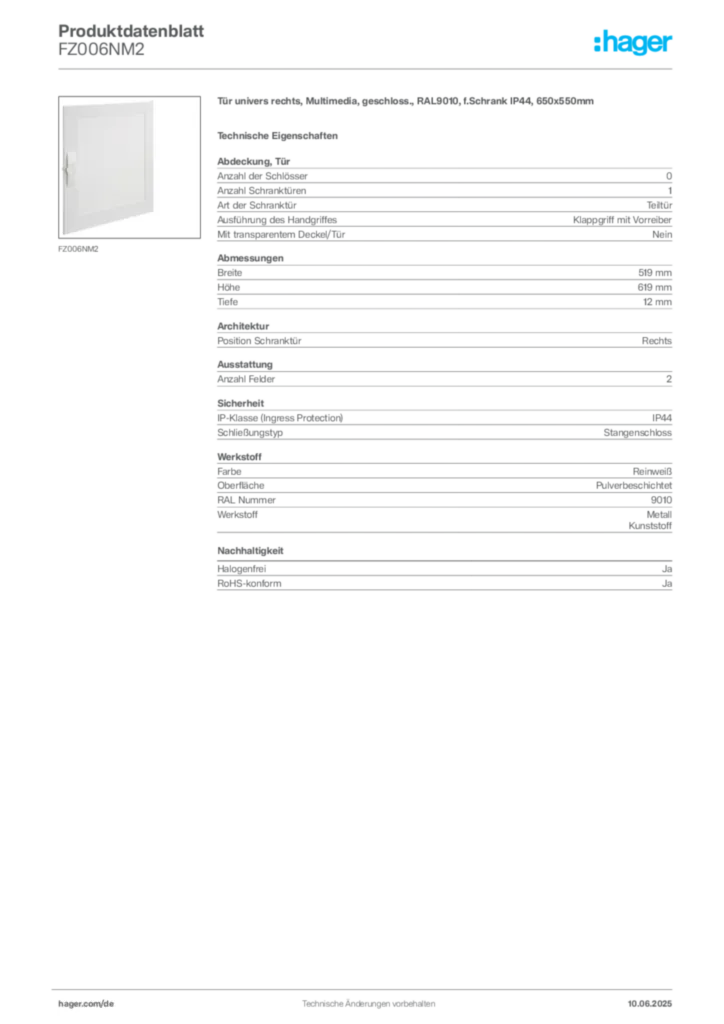 Bild Hager Produktdatenblatt FZ006NM2 | Hager Deutschland