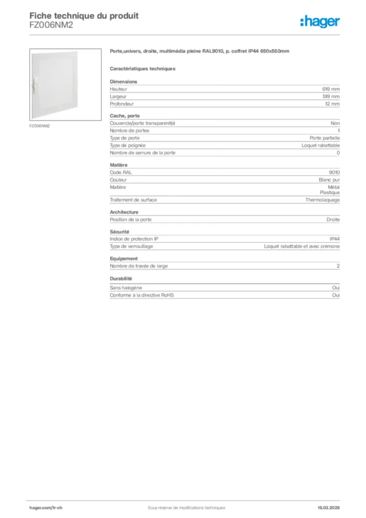 Image Hager Fiche technique du produit FZ006NM2 | Hager Suisse