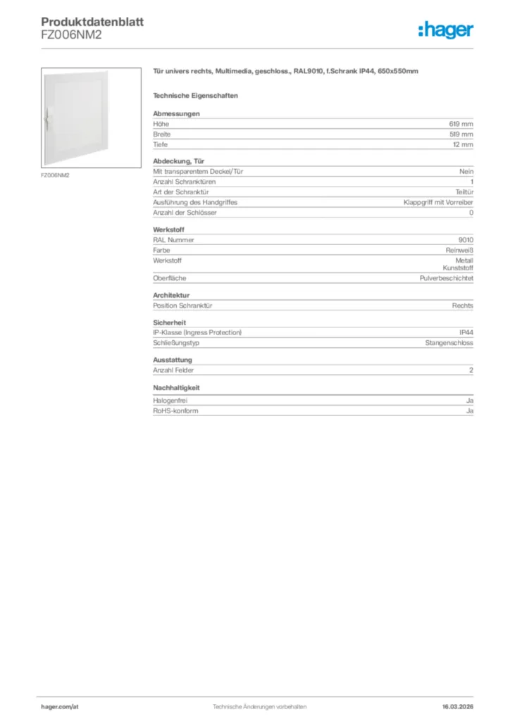 Bild Hager Produktdatenblatt FZ006NM2 | Hager Deutschland